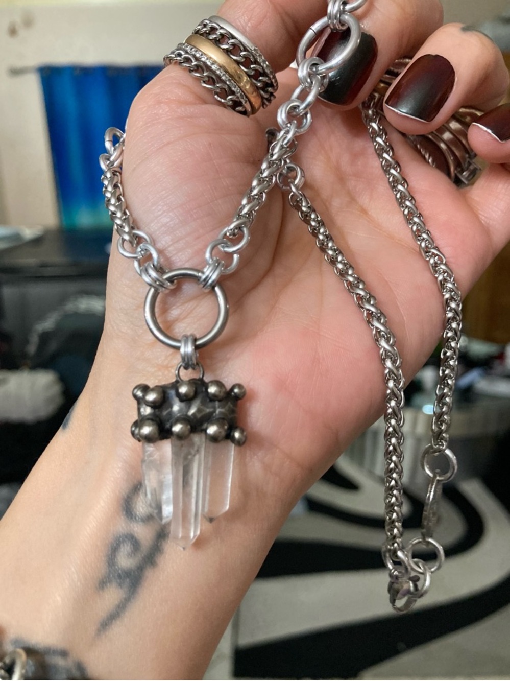 Handmade Genuine raw crystal quartz maille stainless steel boho goth necklace - Picture 12 of 16